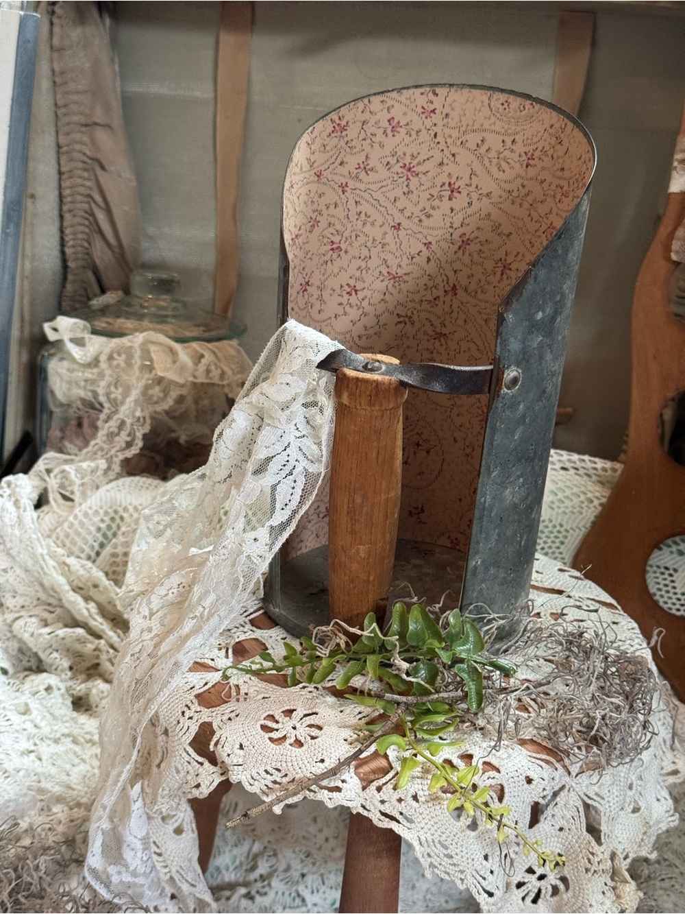 Vintage Cream and Pink Floral Metal Scoop